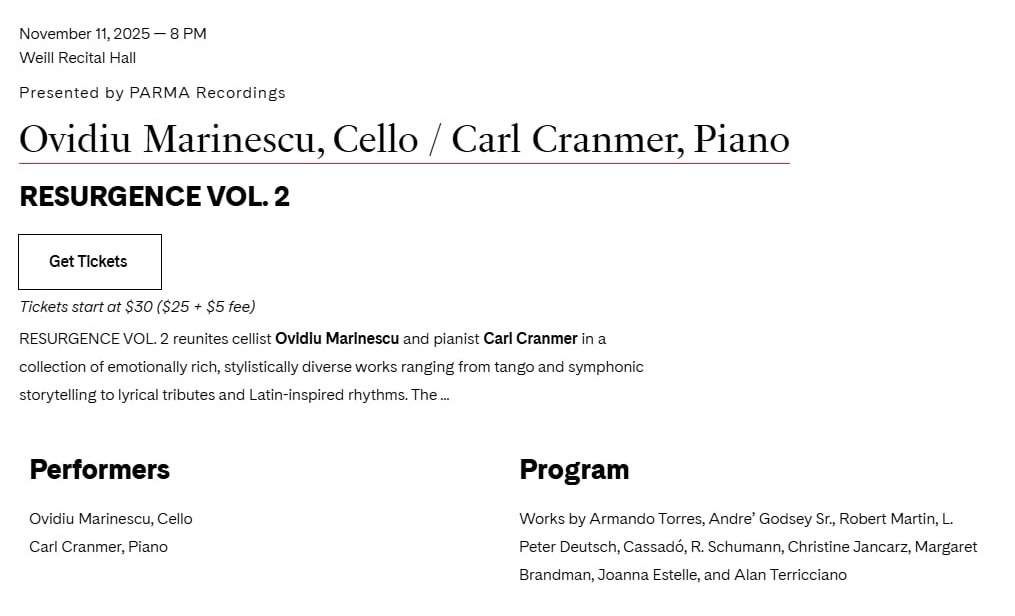 Carnegie Hall, Weil Hall Concert Program: 
‘Resurgence Vol 2’ featuring Margaret Brandman’s ‘Bossa Sonora.’
