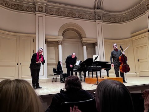 Composer Margaret Brandman, Pianist Carl Cranmer and Cellist Ovidiu Marinescu receiving applause onstage following the performance of Margaret’s ‘Bossa Sonora’ at Weil Hall, Carnegie Hall, New York.